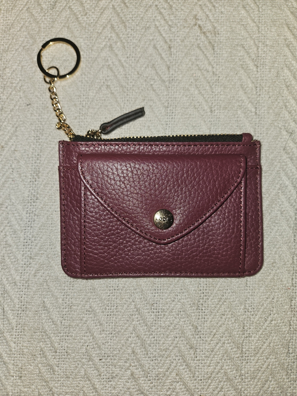 Lodis Burgundy Pebbled Leather Card/Change Case with Gold Key Ring